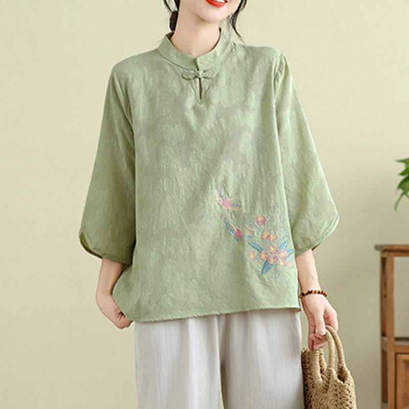 Flower Embroidery Three Quarter Sleeve One Frog-Button Mandarin Collar Cotton Women's Shirt