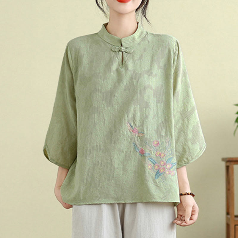 Flower Embroidery Three Quarter Sleeve One Frog-Button Mandarin Collar Cotton Women's Shirt