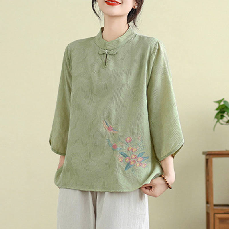 Flower Embroidery Three Quarter Sleeve One Frog-Button Mandarin Collar Cotton Women's Shirt