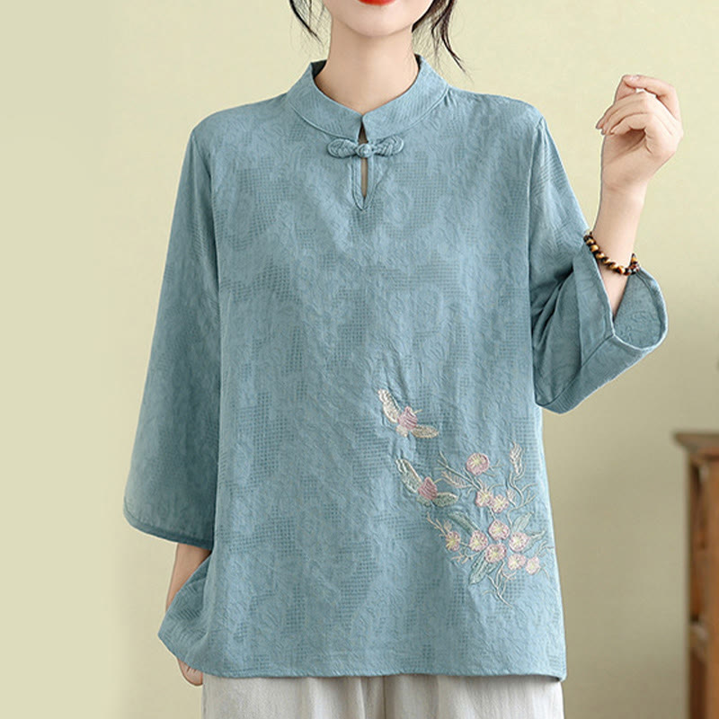 Flower Embroidery Three Quarter Sleeve One Frog-Button Mandarin Collar Cotton Women's Shirt