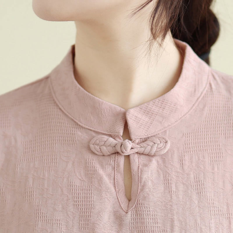 Flower Embroidery Three Quarter Sleeve One Frog-Button Mandarin Collar Cotton Women's Shirt
