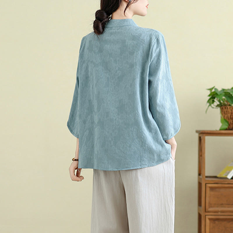 Flower Embroidery Three Quarter Sleeve One Frog-Button Mandarin Collar Cotton Women's Shirt