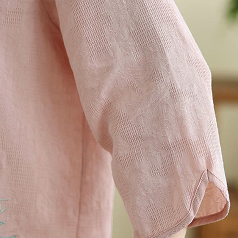 Flower Embroidery Three Quarter Sleeve One Frog-Button Mandarin Collar Cotton Women's Shirt
