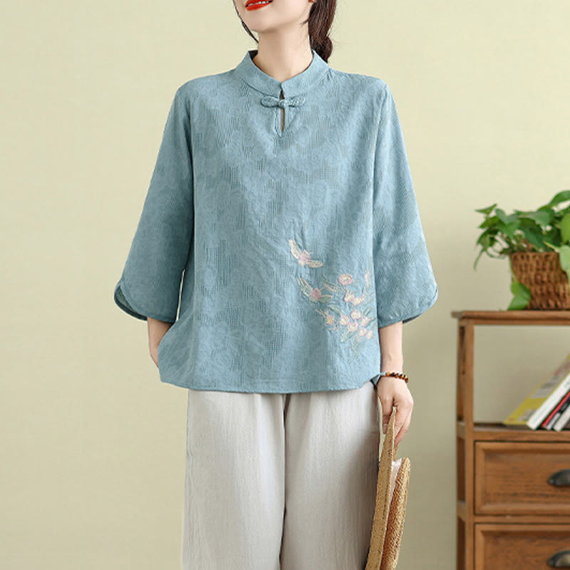 Flower Embroidery Three Quarter Sleeve One Frog-Button Mandarin Collar Cotton Women's Shirt