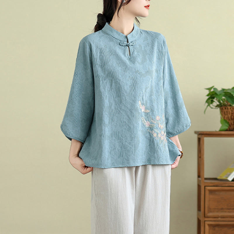 Flower Embroidery Three Quarter Sleeve One Frog-Button Mandarin Collar Cotton Women's Shirt