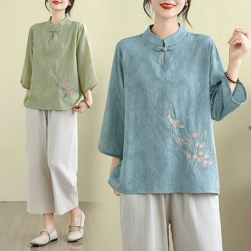Flower Embroidery Three Quarter Sleeve One Frog-Button Mandarin Collar Cotton Women's Shirt
