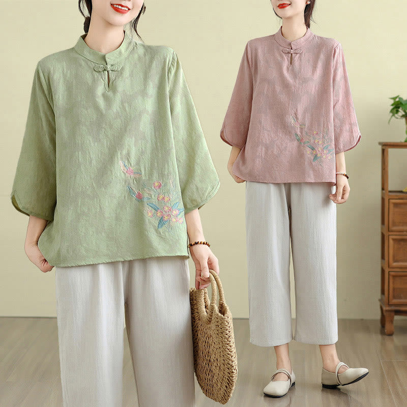 Flower Embroidery Three Quarter Sleeve One Frog-Button Mandarin Collar Cotton Women's Shirt