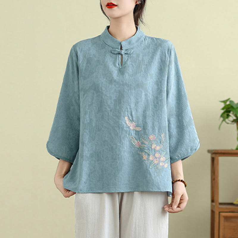 Flower Embroidery Three Quarter Sleeve One Frog-Button Mandarin Collar Cotton Women's Shirt