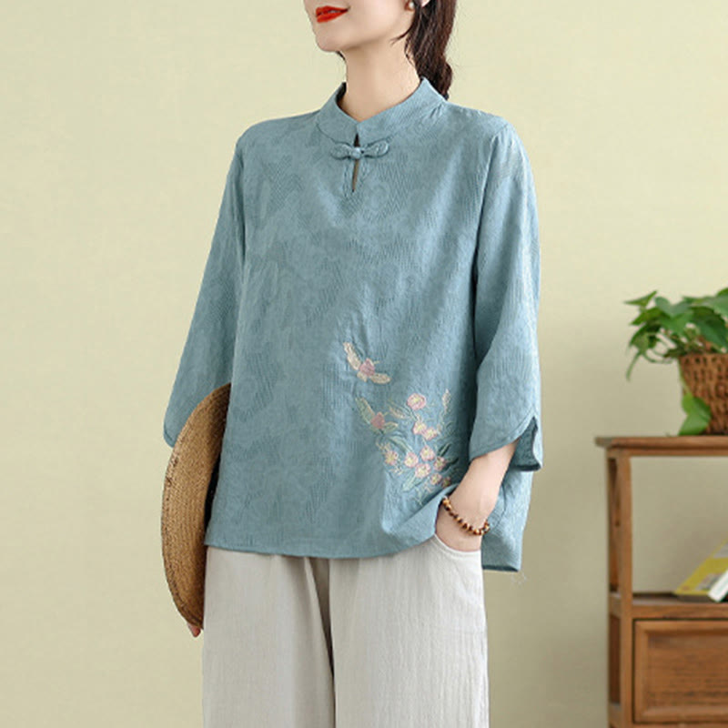 Flower Embroidery Three Quarter Sleeve One Frog-Button Mandarin Collar Cotton Women's Shirt