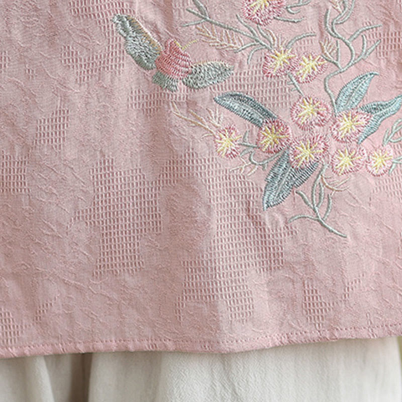 Flower Embroidery Three Quarter Sleeve One Frog-Button Mandarin Collar Cotton Women's Shirt