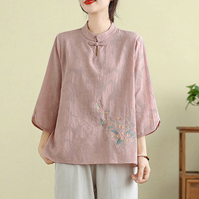 Flower Embroidery Three Quarter Sleeve One Frog-Button Mandarin Collar Cotton Women's Shirt