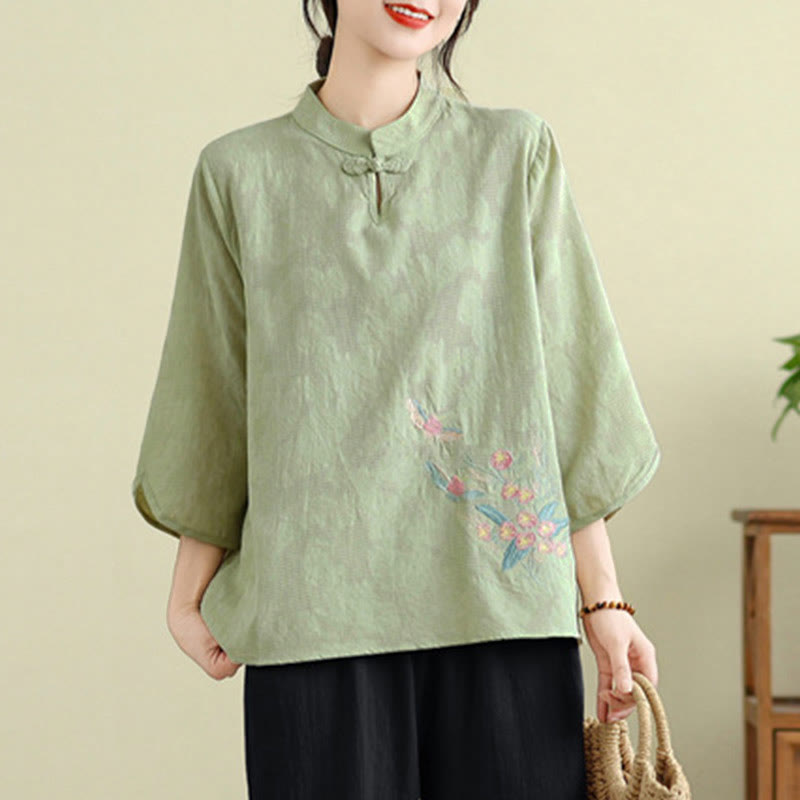Flower Embroidery Three Quarter Sleeve One Frog-Button Mandarin Collar Cotton Women's Shirt
