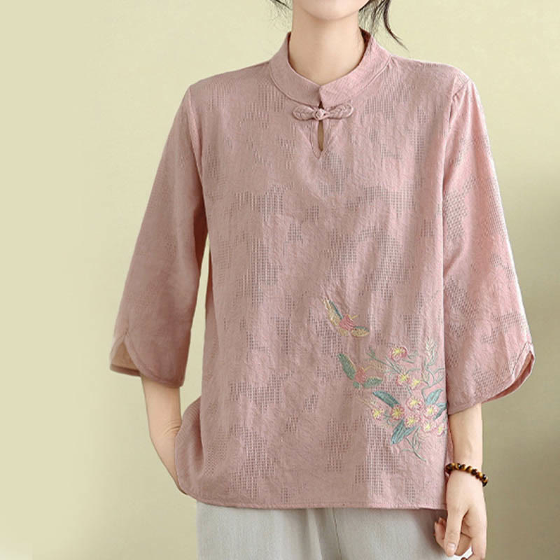 Flower Embroidery Three Quarter Sleeve One Frog-Button Mandarin Collar Cotton Women's Shirt