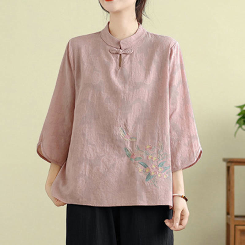 Flower Embroidery Three Quarter Sleeve One Frog-Button Mandarin Collar Cotton Women's Shirt