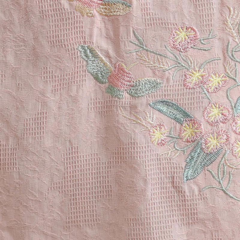 Flower Embroidery Three Quarter Sleeve One Frog-Button Mandarin Collar Cotton Women's Shirt