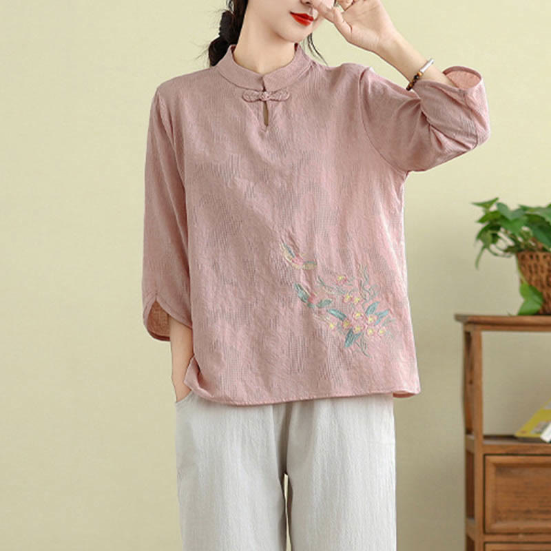 Flower Embroidery Three Quarter Sleeve One Frog-Button Mandarin Collar Cotton Women's Shirt