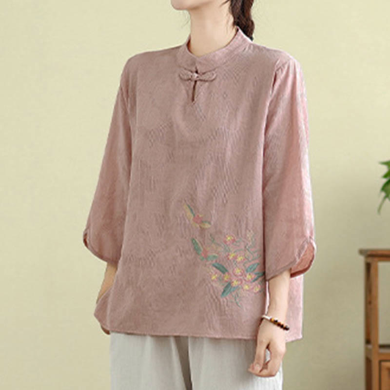Flower Embroidery Three Quarter Sleeve One Frog-Button Mandarin Collar Cotton Women's Shirt