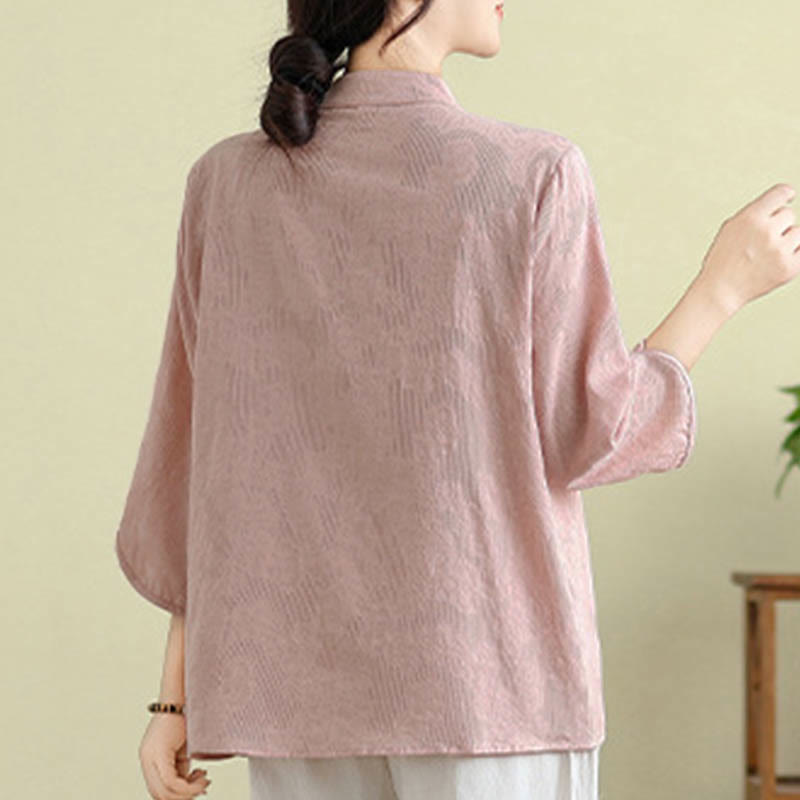 Flower Embroidery Three Quarter Sleeve One Frog-Button Mandarin Collar Cotton Women's Shirt
