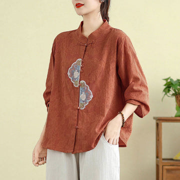 Tactile Cotton Embroidered Mandarin Collar Meditation Shirt