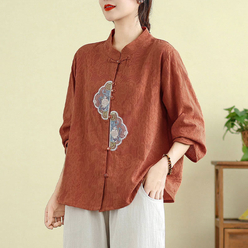 Tactile Cotton Embroidered Mandarin Collar Meditation Shirt