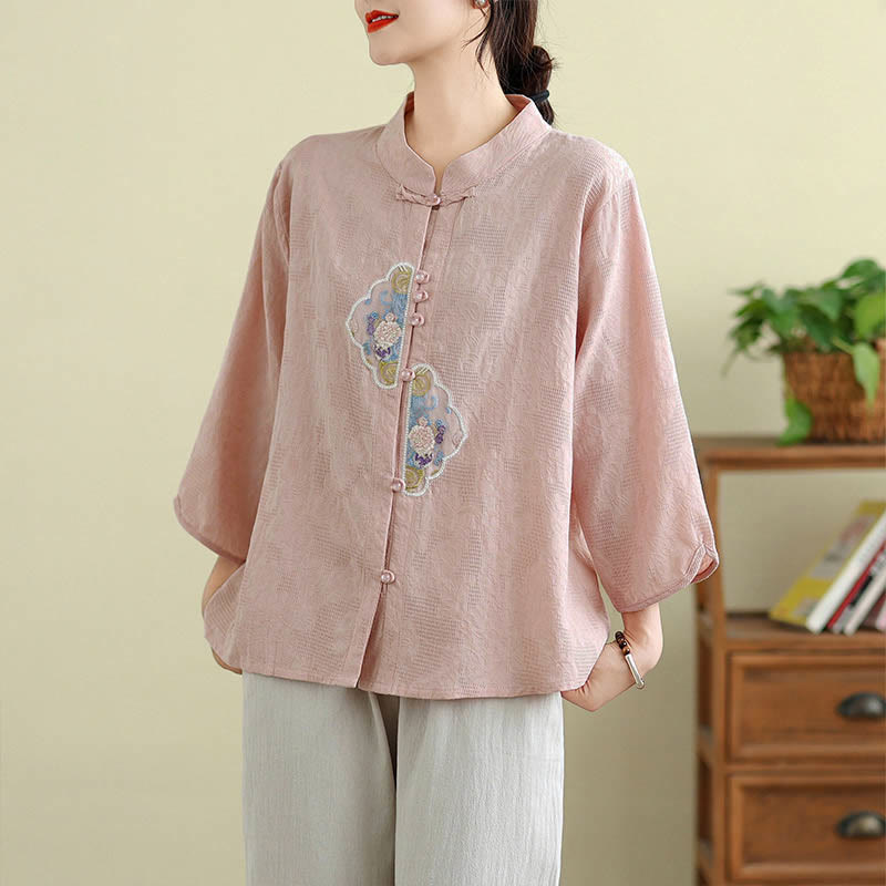 Tactile Cotton Embroidered Mandarin Collar Meditation Shirt
