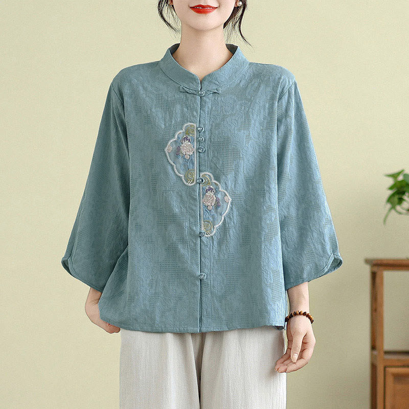 Tactile Cotton Embroidered Mandarin Collar Meditation Shirt