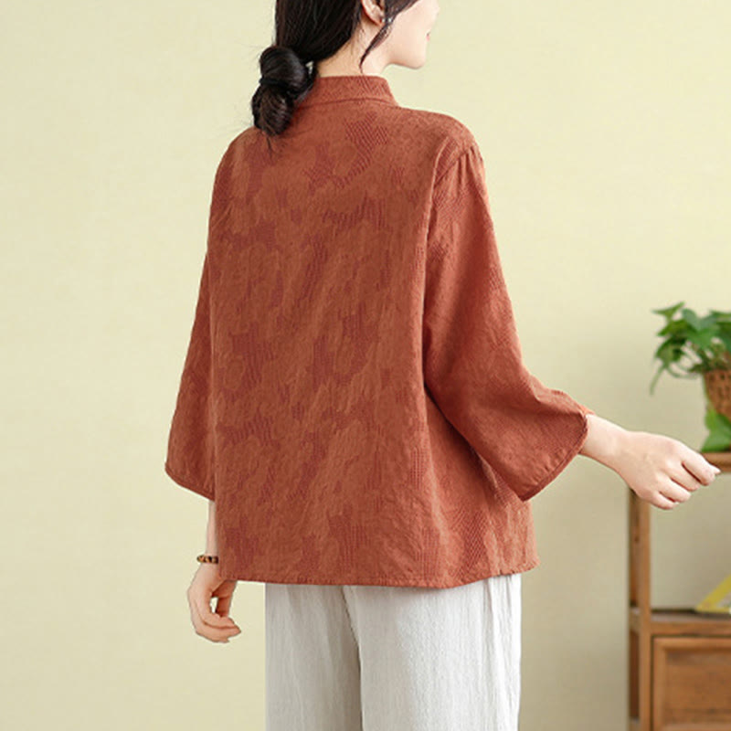 Tactile Cotton Embroidered Mandarin Collar Meditation Shirt