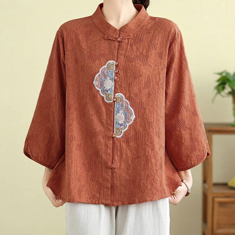 Tactile Cotton Embroidered Mandarin Collar Meditation Shirt
