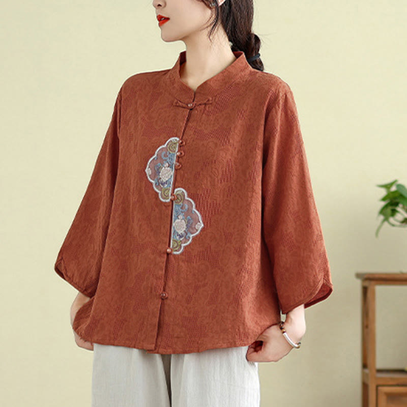 Tactile Cotton Embroidered Mandarin Collar Meditation Shirt