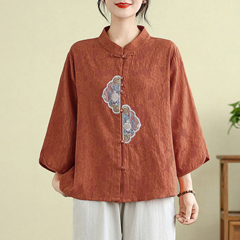 Tactile Cotton Embroidered Mandarin Collar Meditation Shirt