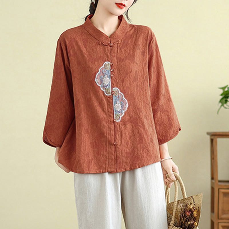 Tactile Cotton Embroidered Mandarin Collar Meditation Shirt