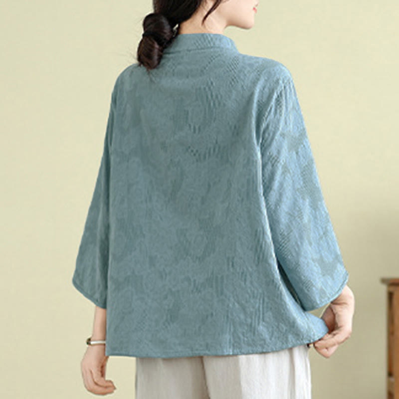 Tactile Cotton Embroidered Mandarin Collar Meditation Shirt