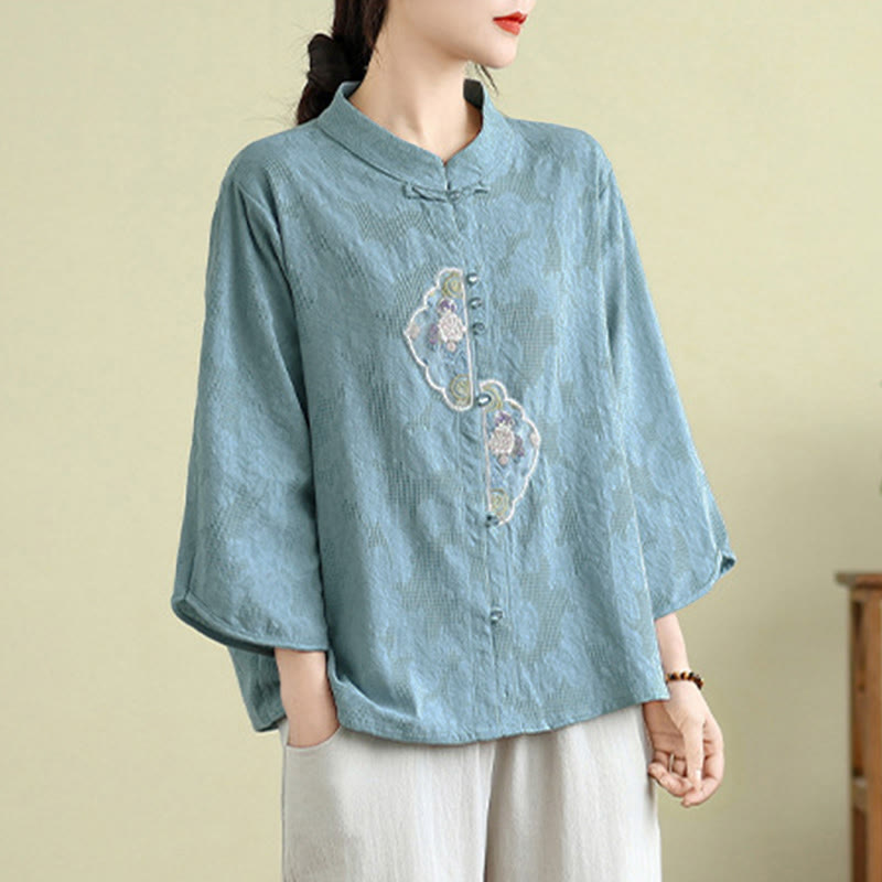 Tactile Cotton Embroidered Mandarin Collar Meditation Shirt