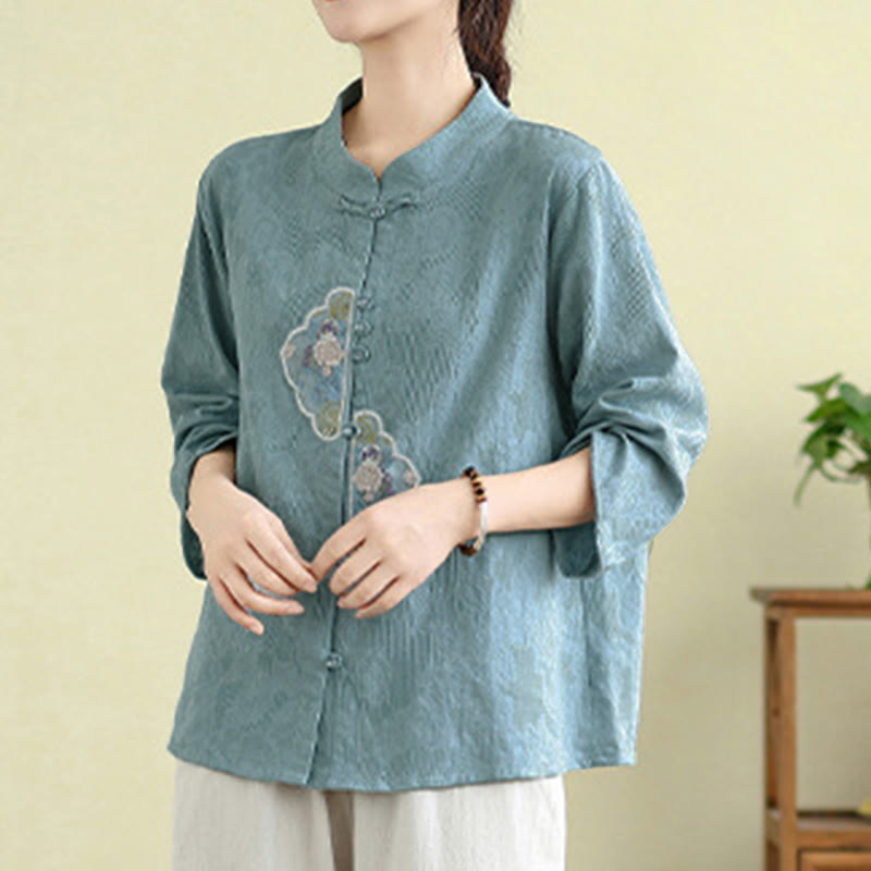 Tactile Cotton Embroidered Mandarin Collar Meditation Shirt