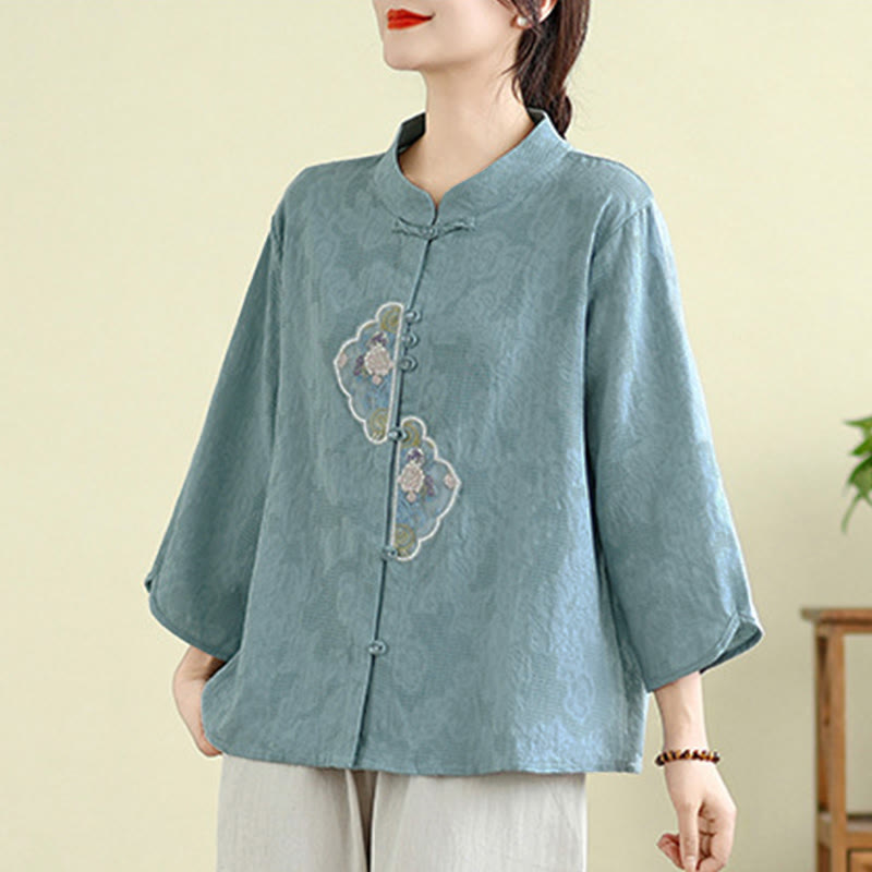 Tactile Cotton Embroidered Mandarin Collar Meditation Shirt