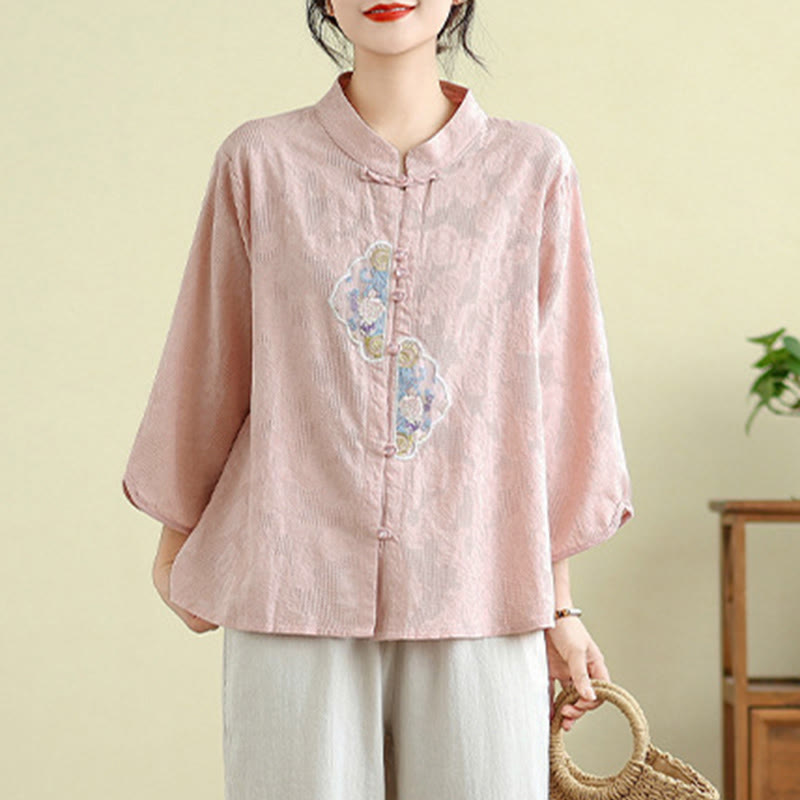 Tactile Cotton Embroidered Mandarin Collar Meditation Shirt