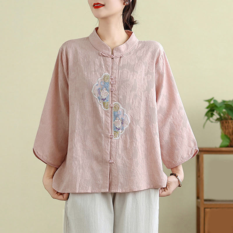Tactile Cotton Embroidered Mandarin Collar Meditation Shirt