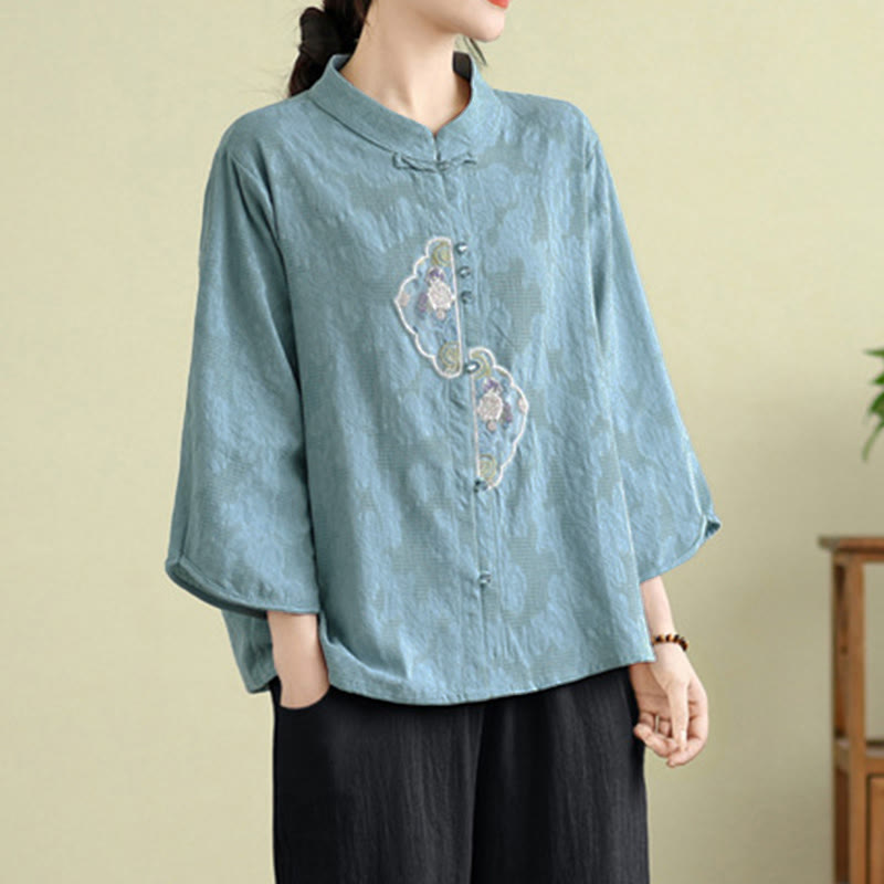 Tactile Cotton Embroidered Mandarin Collar Meditation Shirt