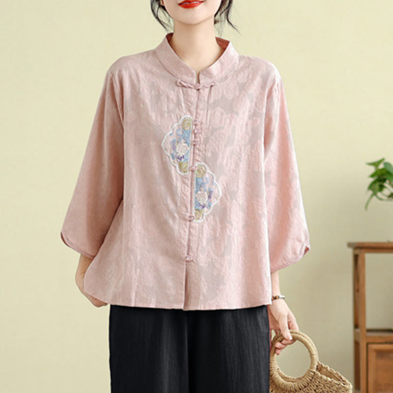 Tactile Cotton Embroidered Mandarin Collar Meditation Shirt