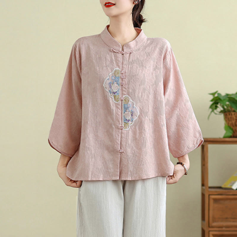 Tactile Cotton Embroidered Mandarin Collar Meditation Shirt