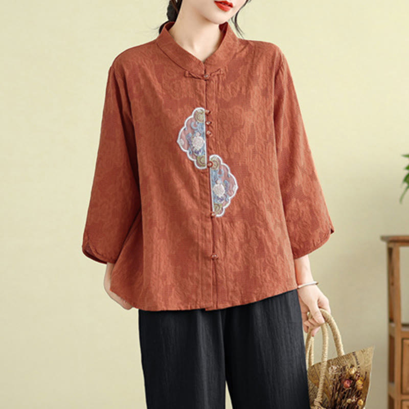 Tactile Cotton Embroidered Mandarin Collar Meditation Shirt