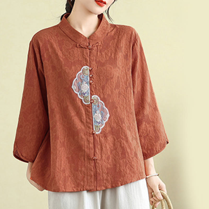 Tactile Cotton Embroidered Mandarin Collar Meditation Shirt