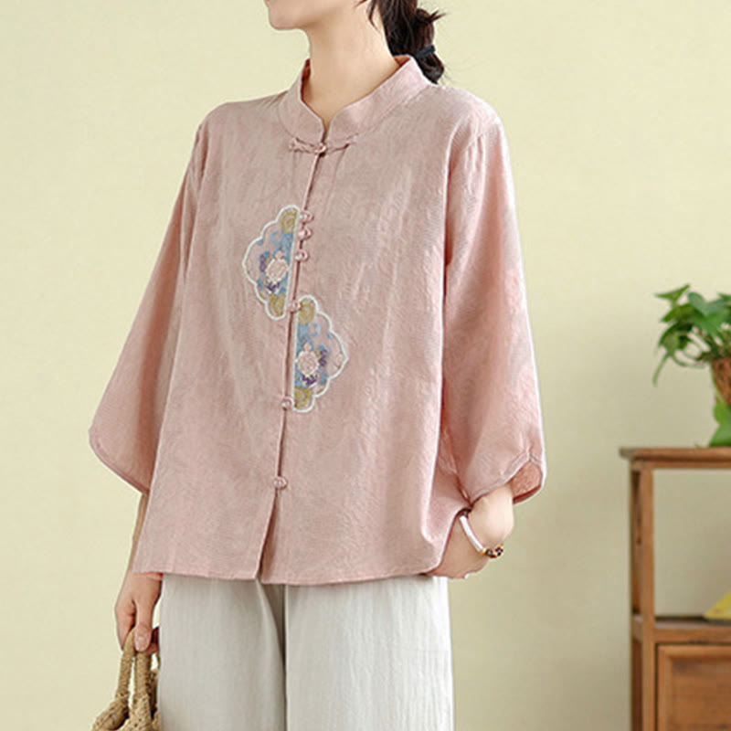 Tactile Cotton Embroidered Mandarin Collar Meditation Shirt