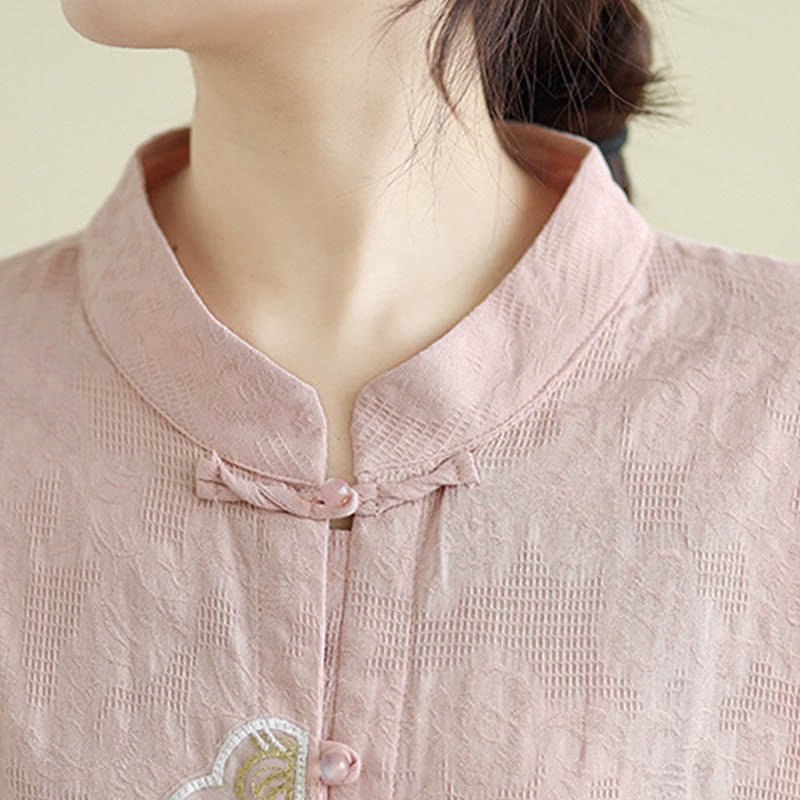 Tactile Cotton Embroidered Mandarin Collar Meditation Shirt