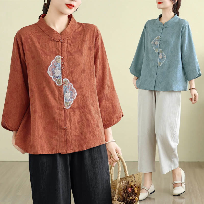 Tactile Cotton Embroidered Mandarin Collar Meditation Shirt