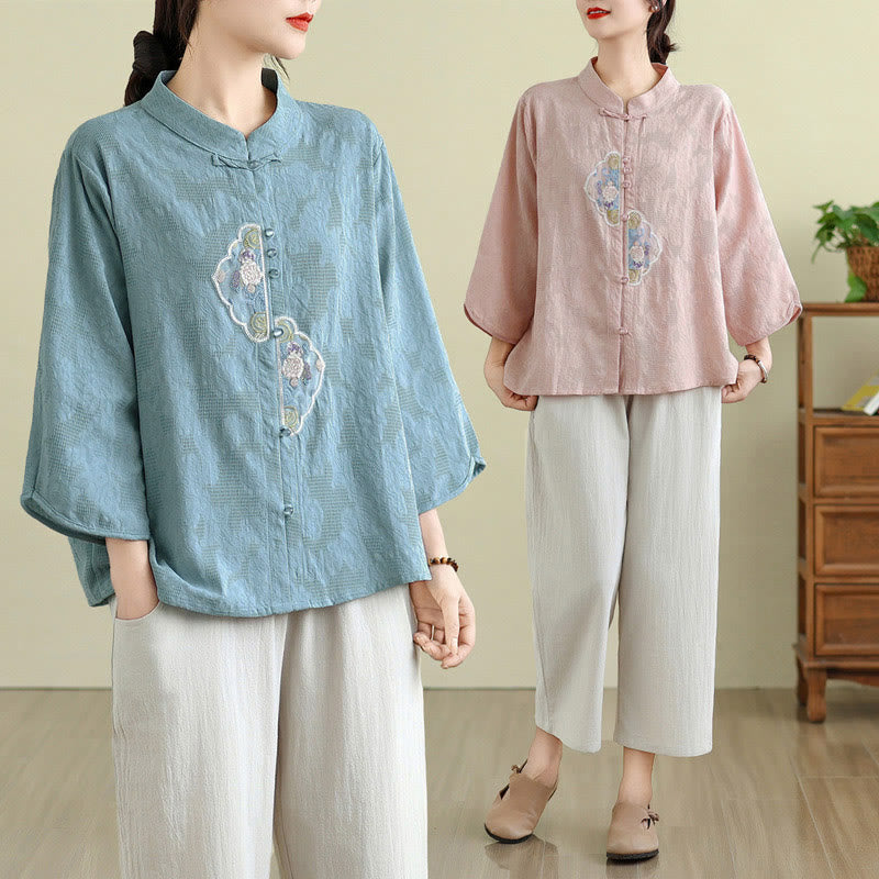 Tactile Cotton Embroidered Mandarin Collar Meditation Shirt