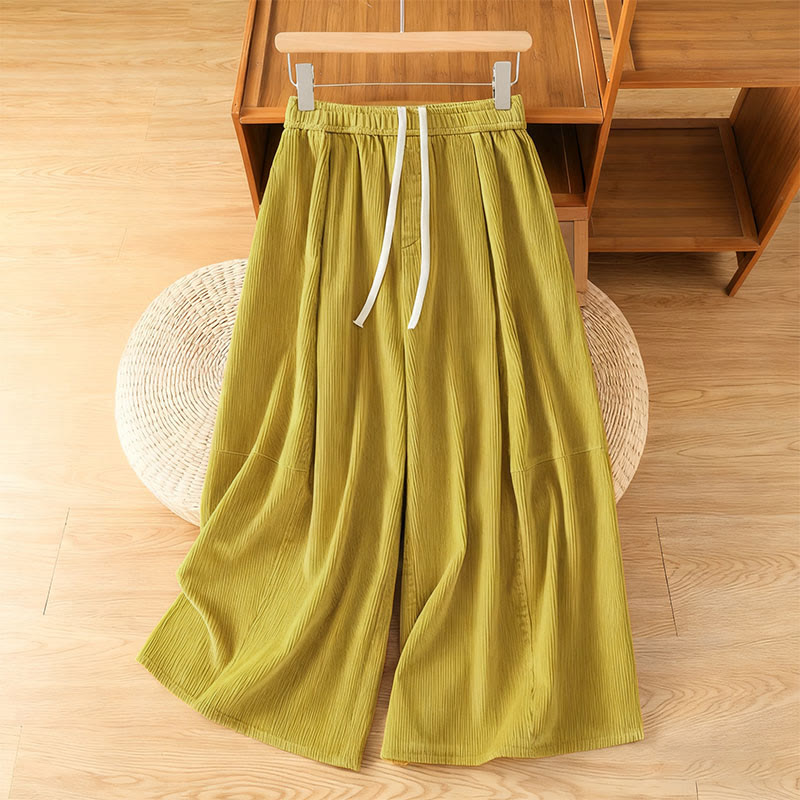 Plain Elastic Waist Women's Cropped 7-8 Length Wide Leg Corduroy Pants