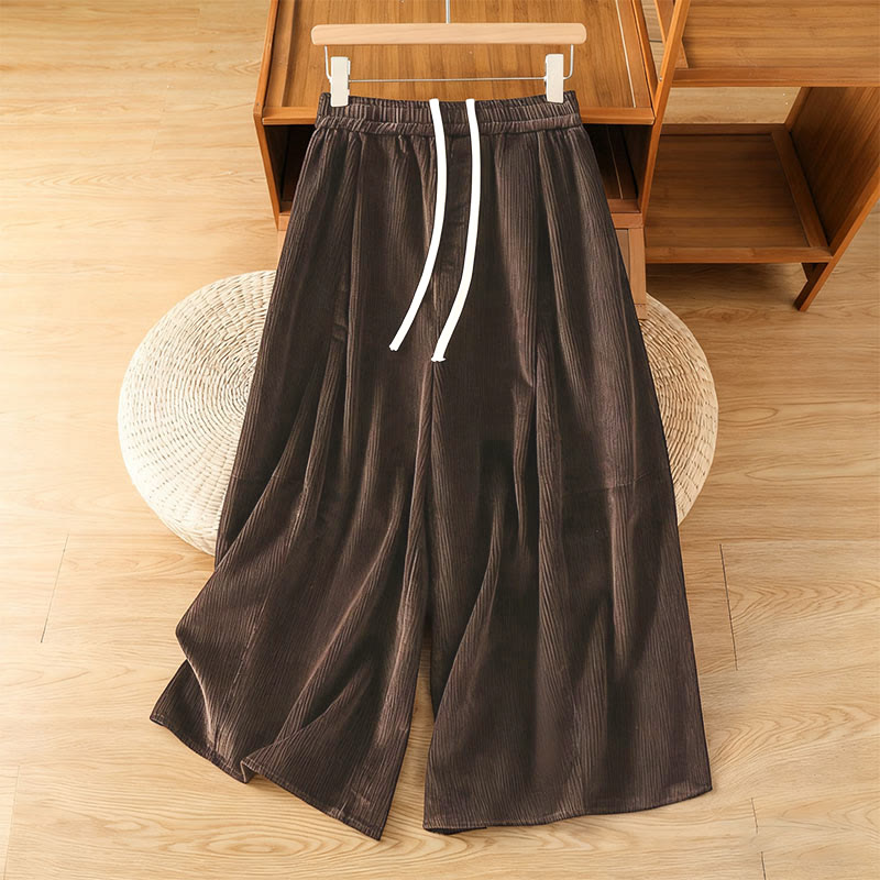 Plain Elastic Waist Women's Cropped 7-8 Length Wide Leg Corduroy Pants