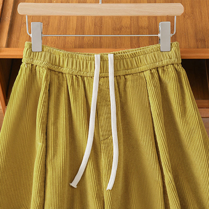 Plain Elastic Waist Women's Cropped 7-8 Length Wide Leg Corduroy Pants