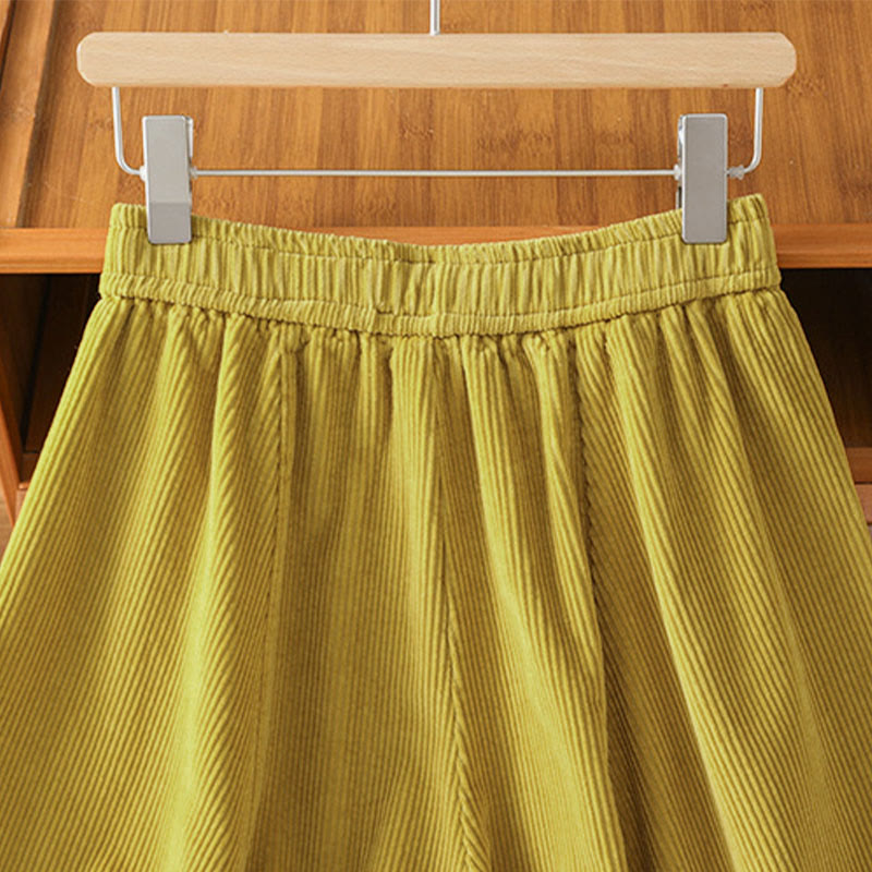Plain Elastic Waist Women's Cropped 7-8 Length Wide Leg Corduroy Pants